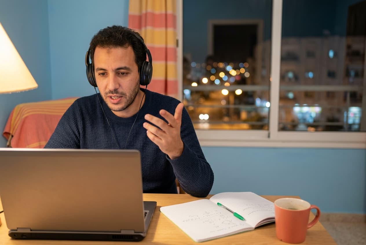 Un adulte suit un atelier du soir en visio, casque sur les oreilles