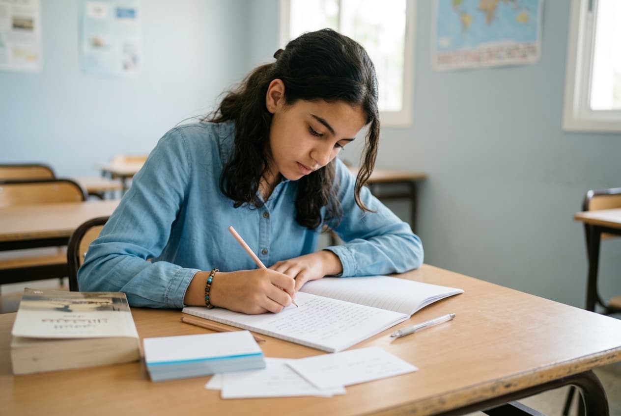 Une lycéenne rédige une dissertation, fiches de révision à côté