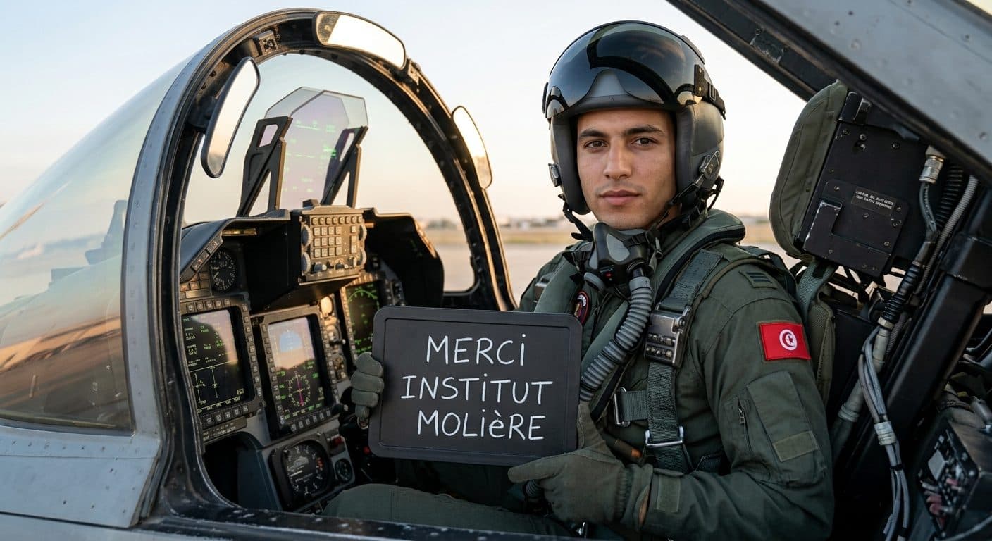 Un pilote tunisien dans son cockpit tient une ardoise « Merci Institut Molière »