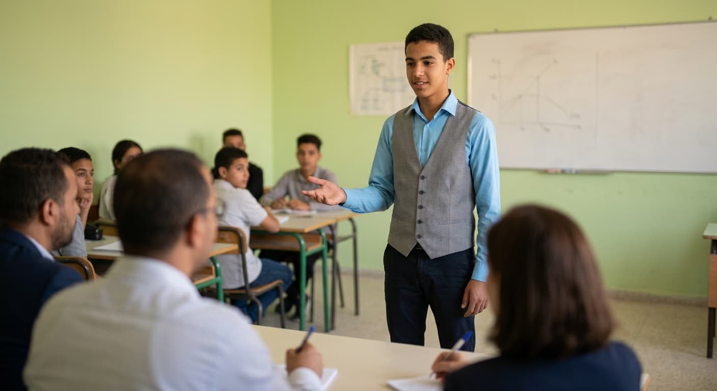 Un lycéen présente son Grand oral devant un petit jury