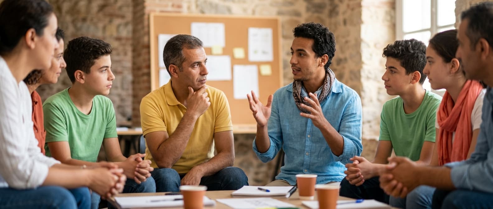Un atelier de conversation en cercle, une personne parle et les autres écoutent