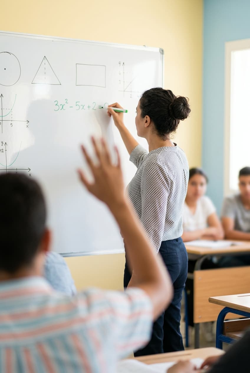 Un professeur explique un exercice de mathématiques au tableau