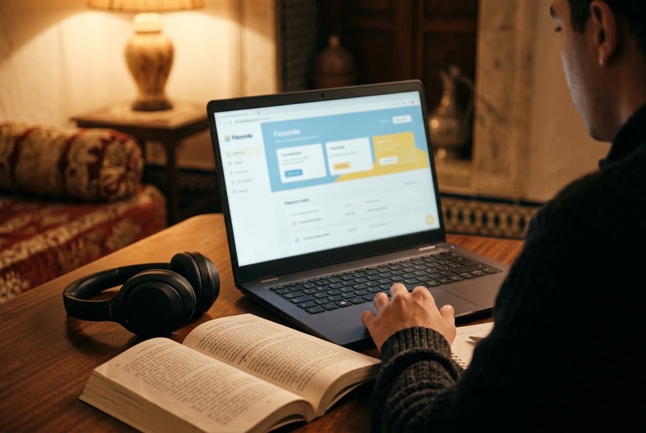 Un élève travaille sur la plateforme le soir, un livre ouvert à côté